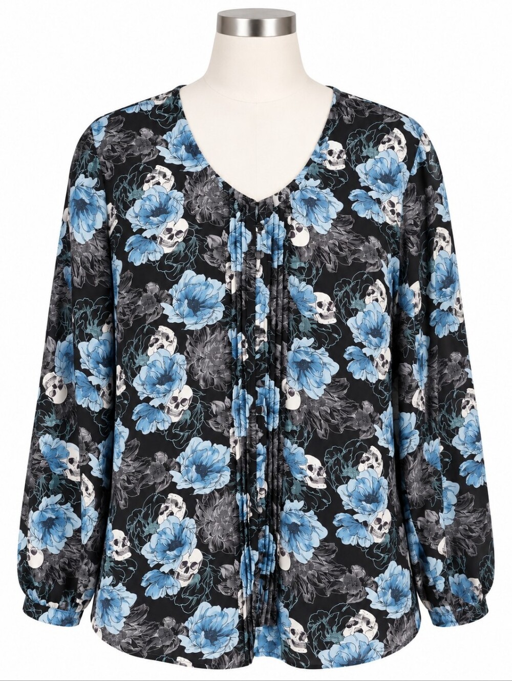 Torrid Georgette Pin-Tuck Blouse Sz 2-2X Black Blue Skull Floral Button Front